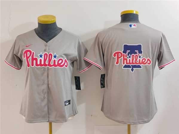 Womens Philadelphia Phillies Gray Team Big Logo Cool Base Stitched Baseball Jersey(Run Small)